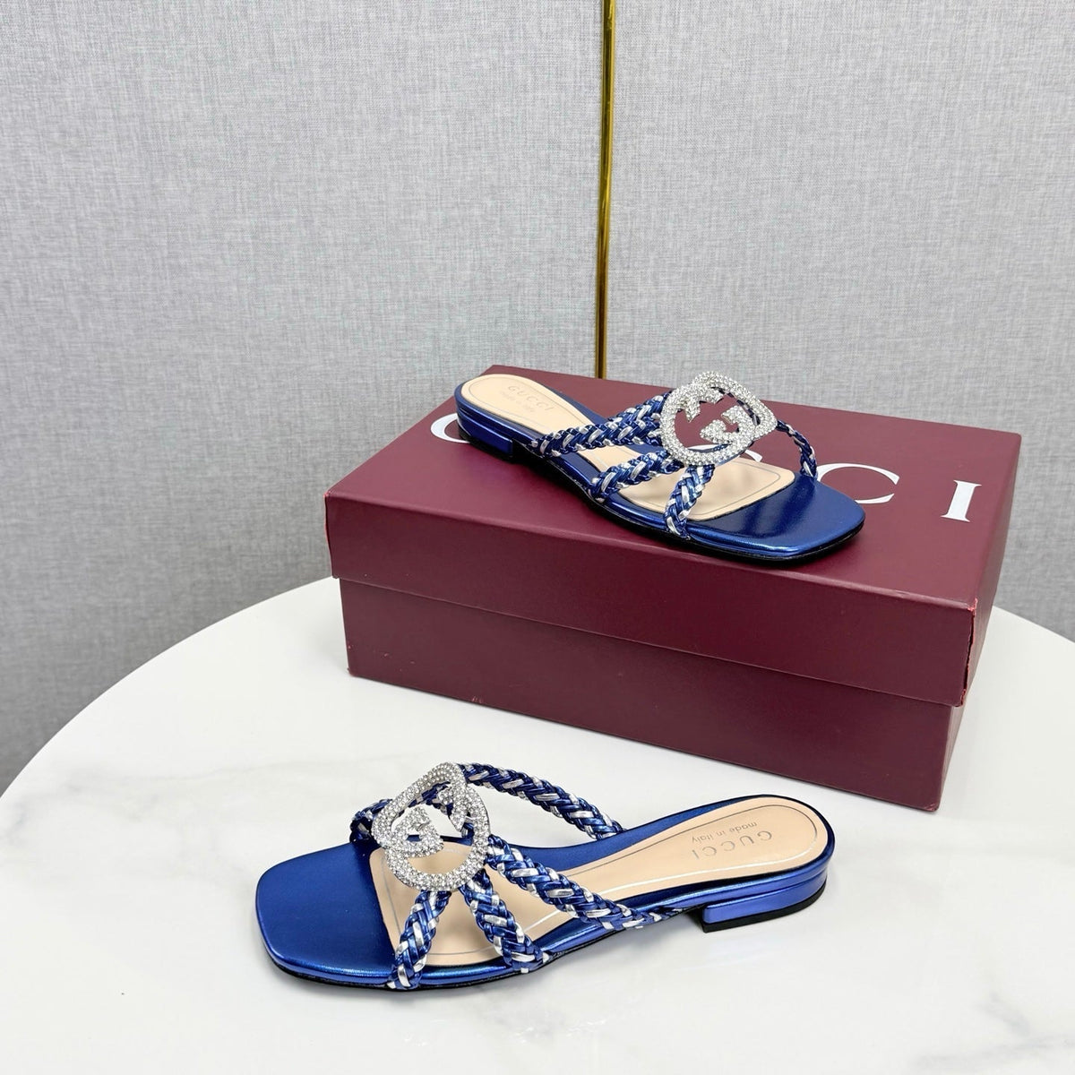 GG 26s Slippers With Crystal Interlocking G Dark Blue Leather 639932