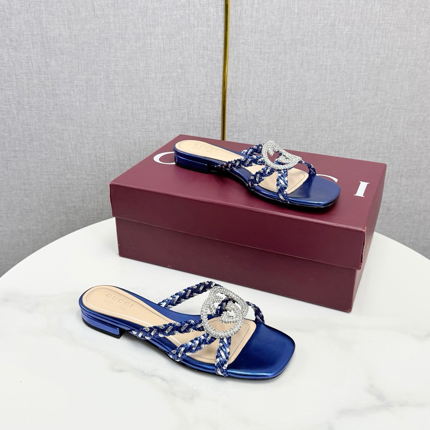 GG 26s Slippers With Crystal Interlocking G Dark Blue Leather 639932
