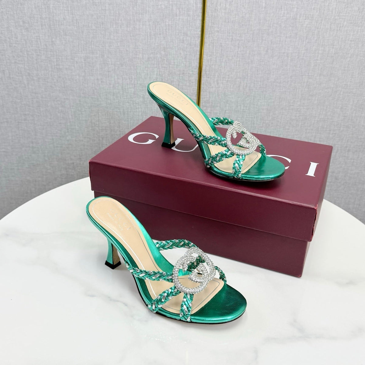 GG 26s Sandals 6.5cm With Crystal Interlocking G Teal Green Leather 639951
