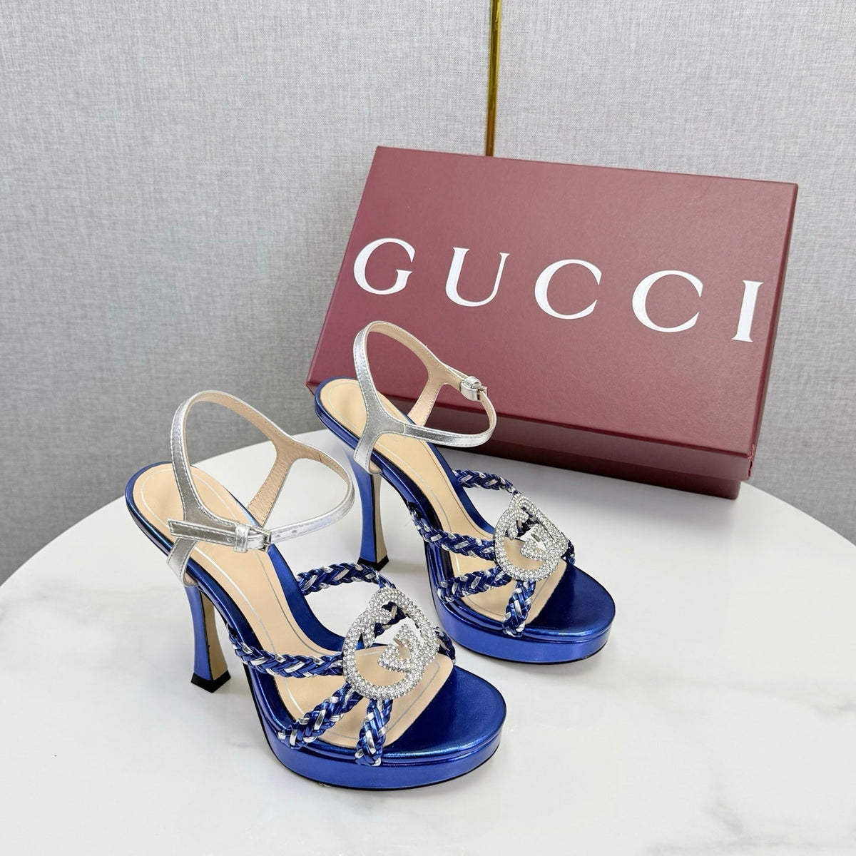 GG 26s Sandals 10.5cm With Crystal Interlocking G Dark Blue Leather 639952
