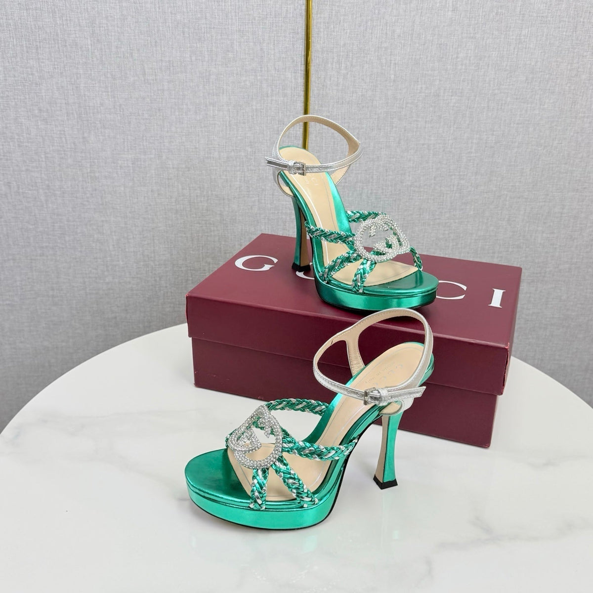 GG 26s Sandals 10.5cm With Crystal Interlocking G Teal Green Leather 639954