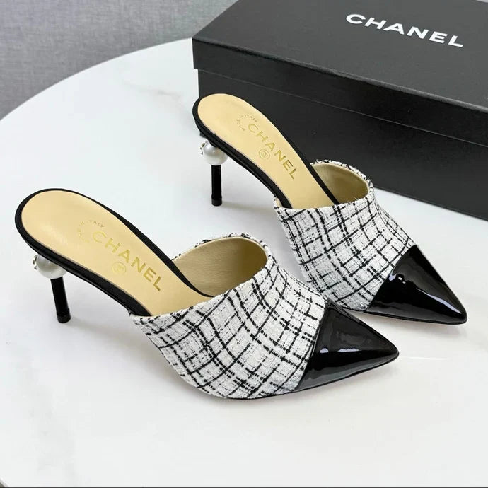 Chanel 2026 Pointy Heeled Mules 85mm Tweed Pearl 801951
