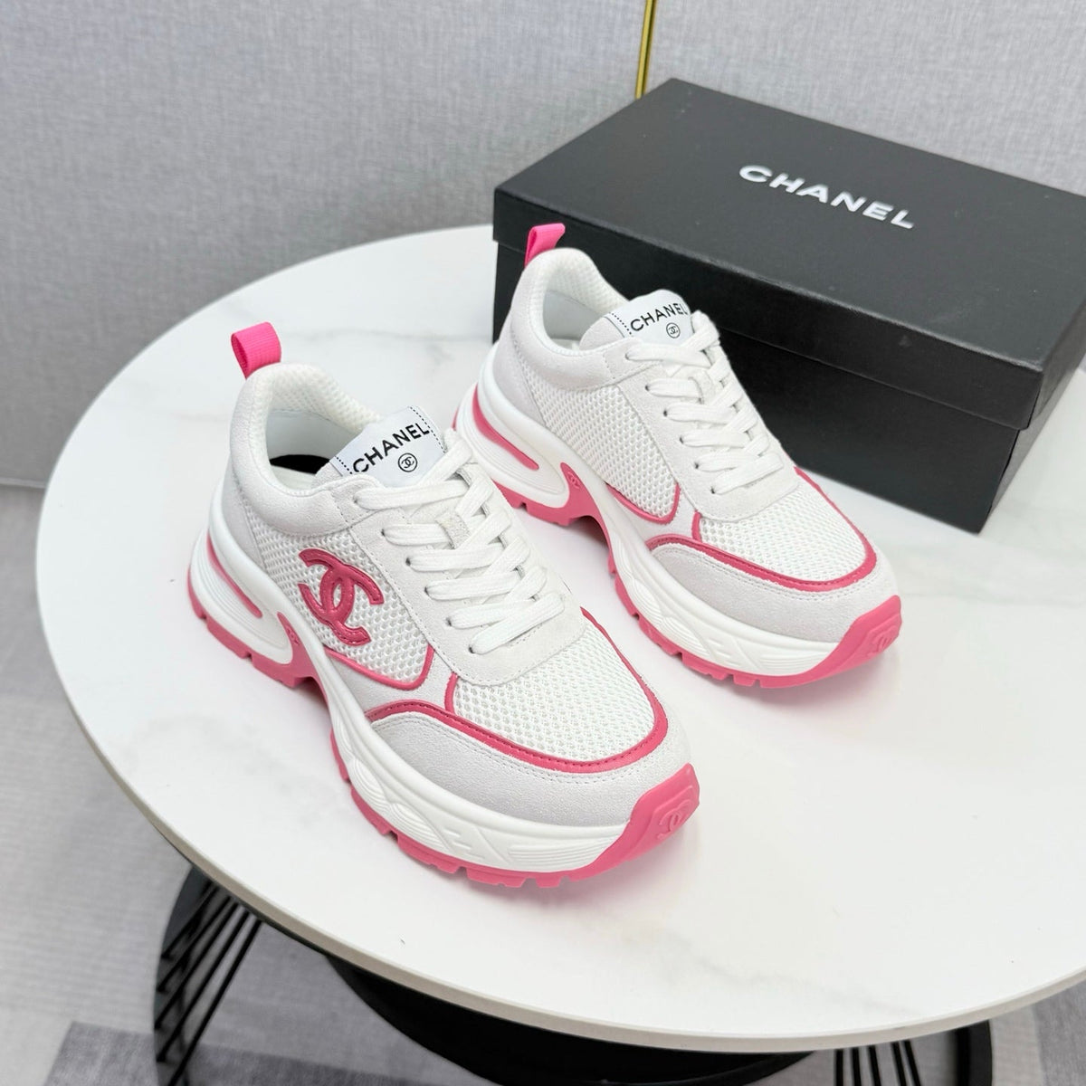 CC 26s Casual Sneakers White Hot Pink Mesh Suede 865838