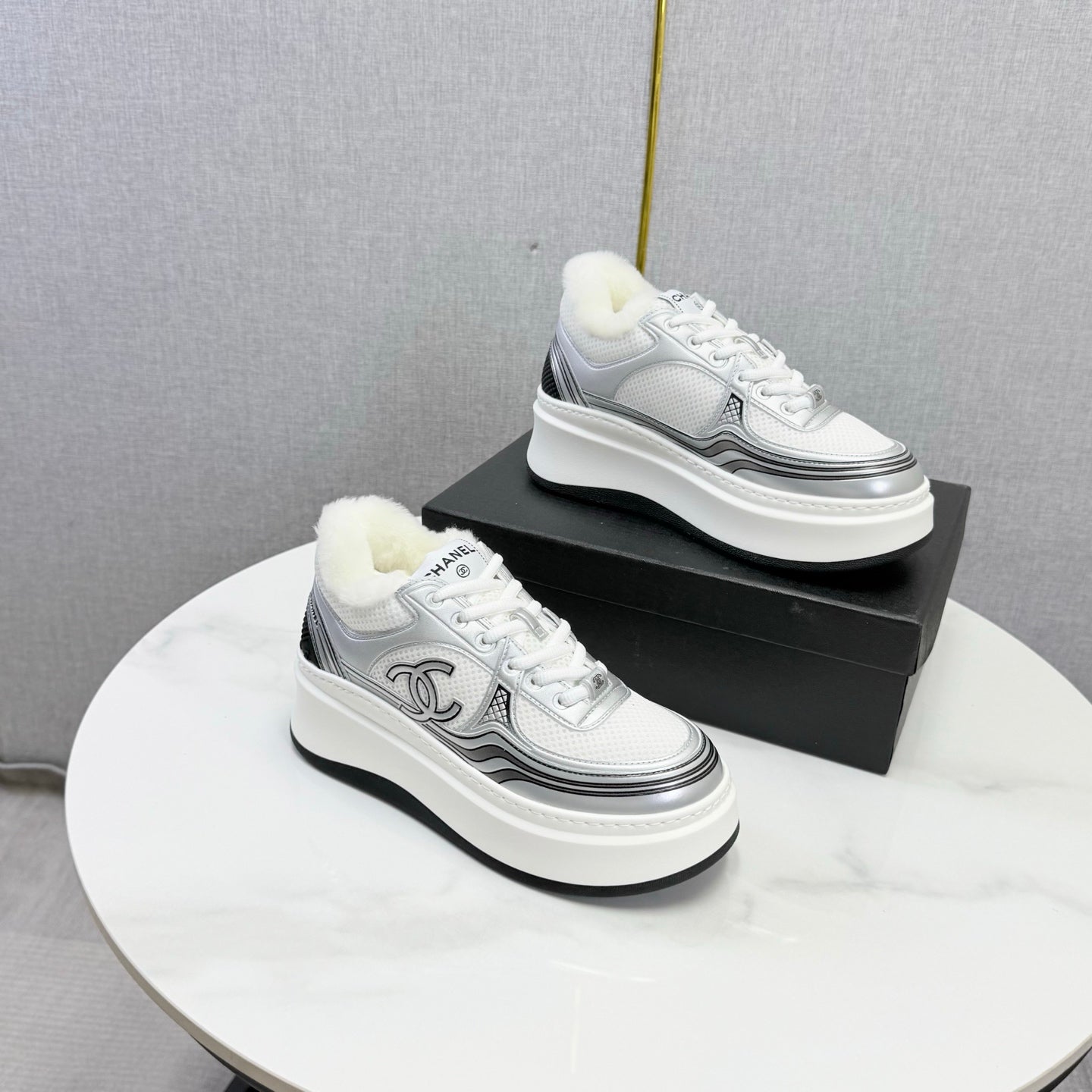 CC 26s Platform Sneakers Sliver White Quilted Calfskin Shearling 972889