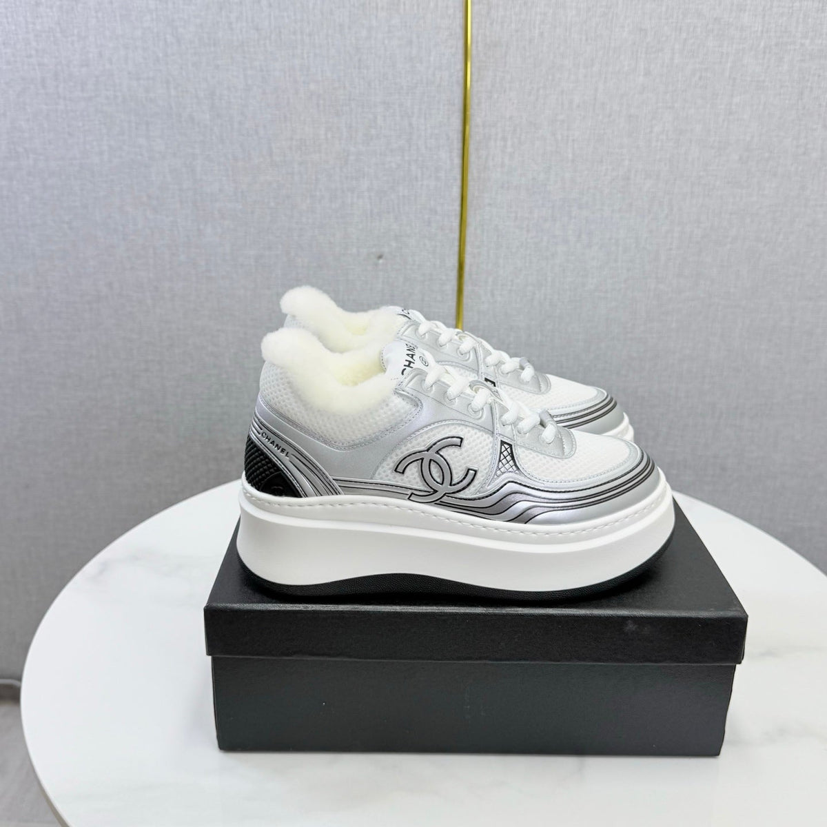 CC 26s Platform Sneakers Sliver White Quilted Calfskin Shearling 972889