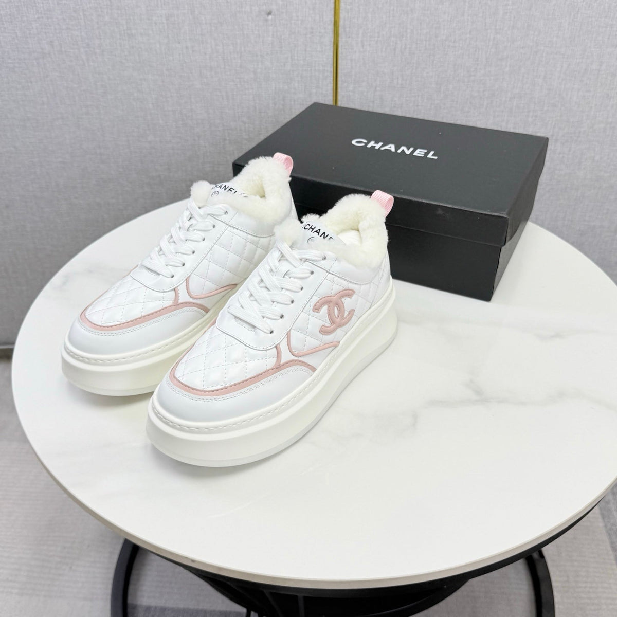 CC 26s Platform Sneakers Pink White Quilted Calfskin Shearling 972890
