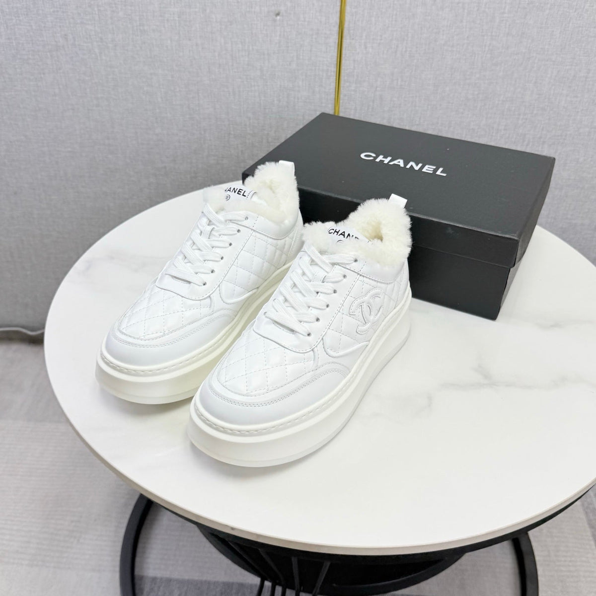 CC 26s Platform Sneakers White Quilted Calfskin Shearling 972893