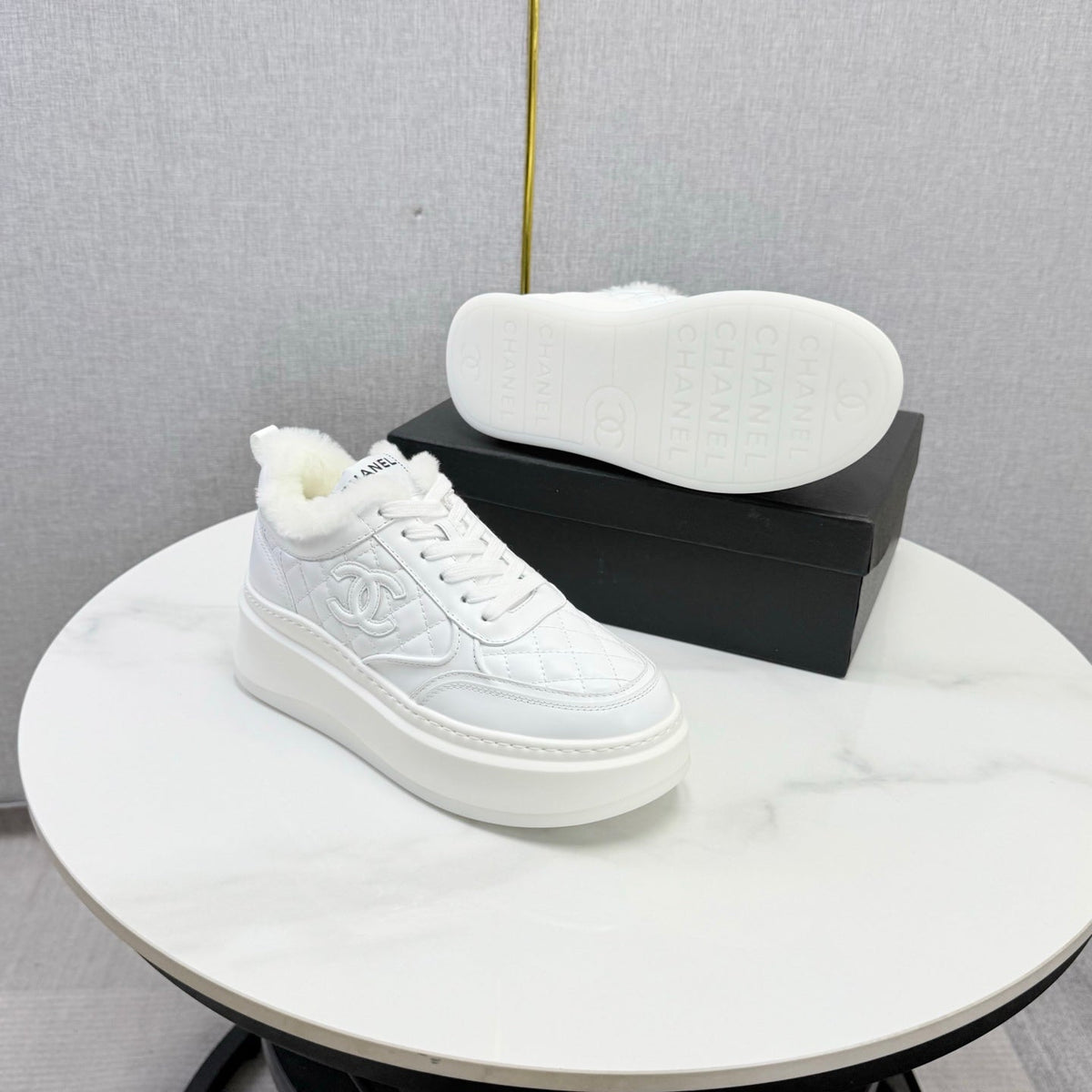 CC 26s Platform Sneakers White Quilted Calfskin Shearling 972893
