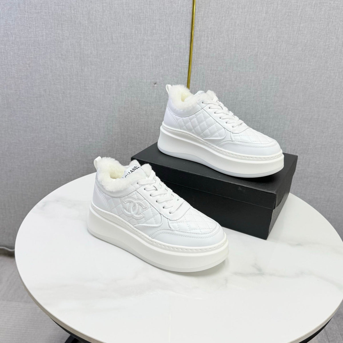 CC 26s Platform Sneakers White Quilted Calfskin Shearling 972893