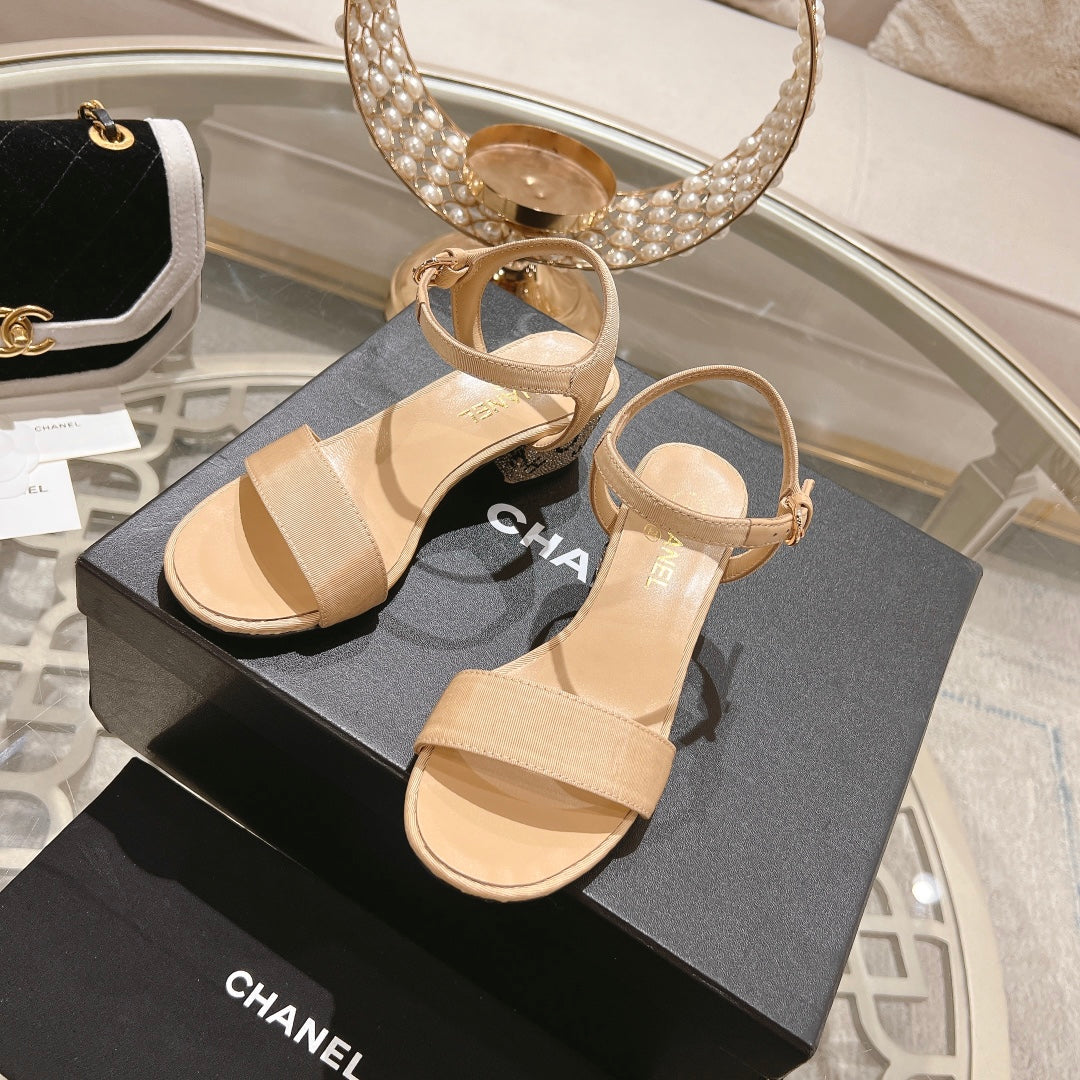 CC 25C 5CM Mid Heed Sandals Cream Fabric 213322