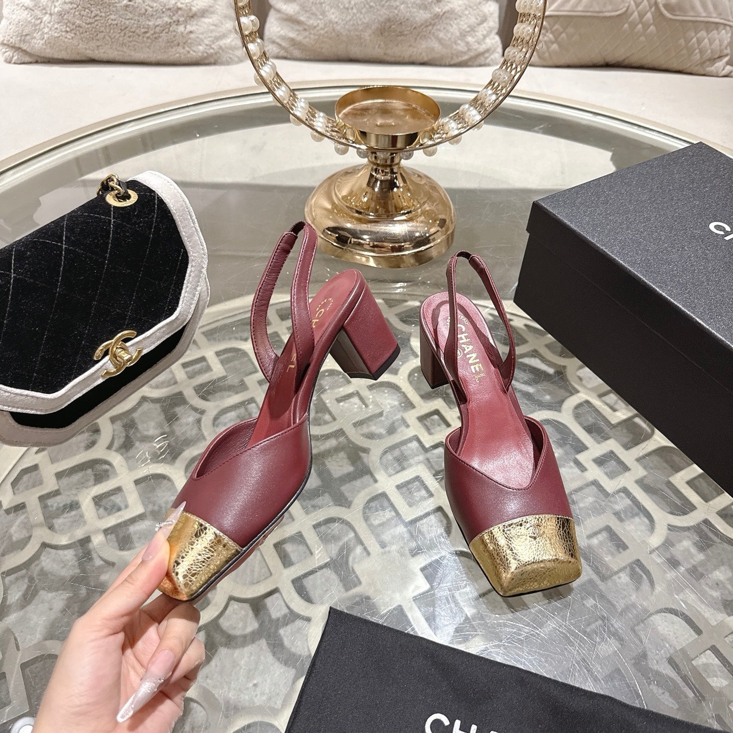 CC 26s Square-Toe High-Heeled Slingbacks 6cm Burgundy Gold Leather 736098