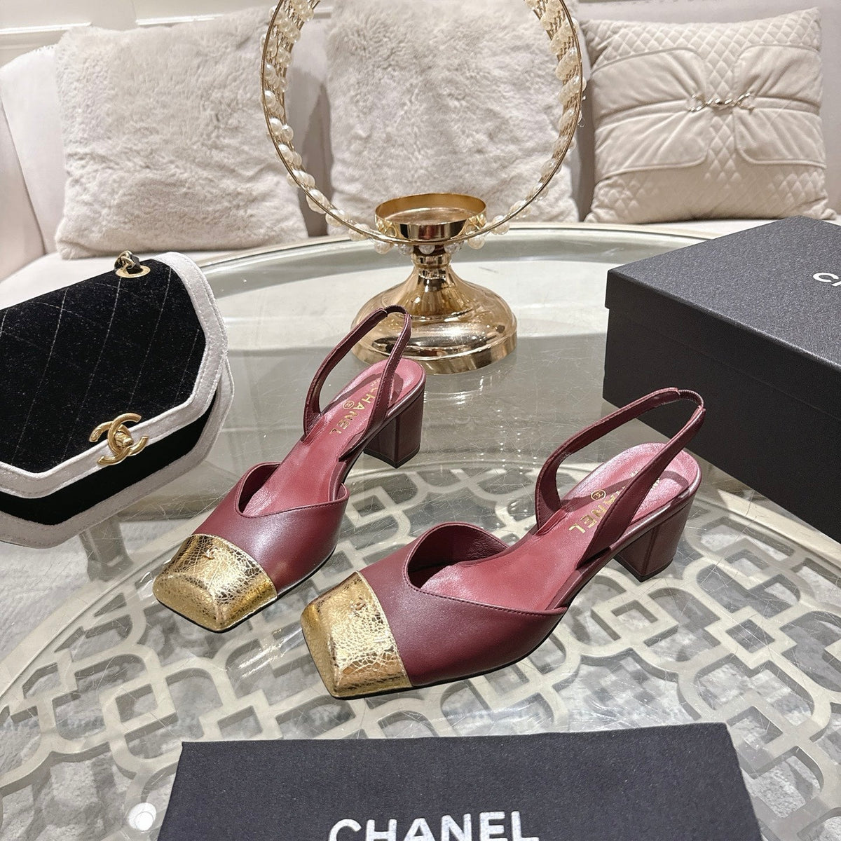 CC 26s Square-Toe High-Heeled Slingbacks 6cm Burgundy Gold Leather 736098
