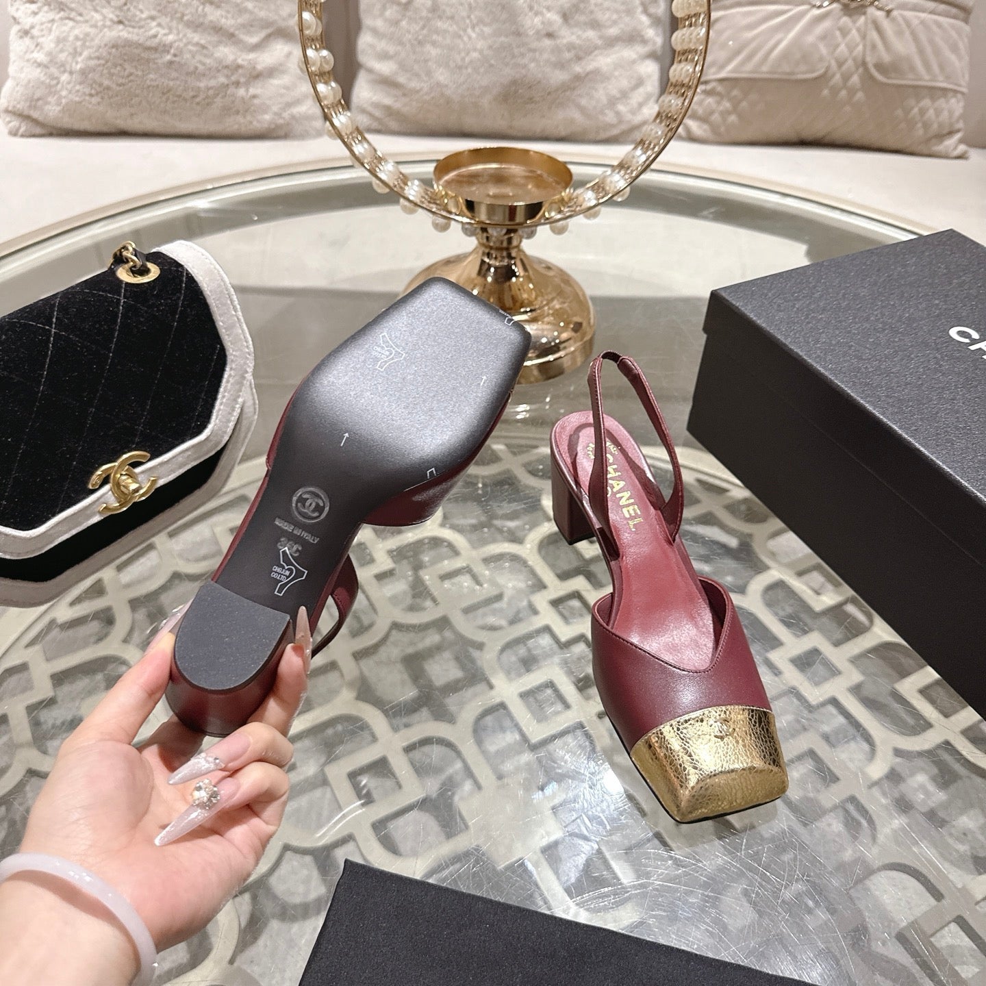 CC 26s Square-Toe High-Heeled Slingbacks 6cm Burgundy Gold Leather 736098