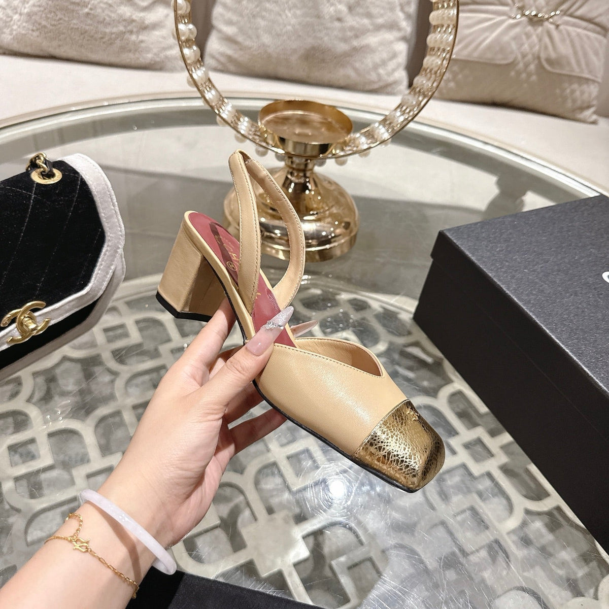 CC 26s Square-Toe High-Heeled Slingbacks 6cm Gold Beige Leather 736100