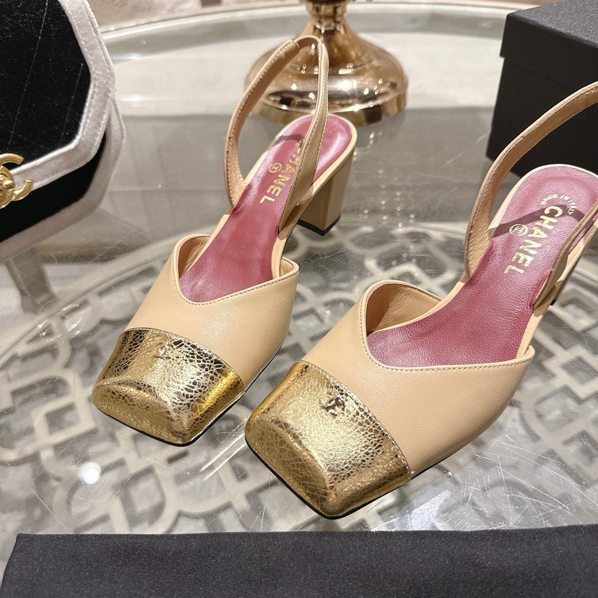 CC 26s Square-Toe High-Heeled Slingbacks 6cm Gold Beige Leather 736100