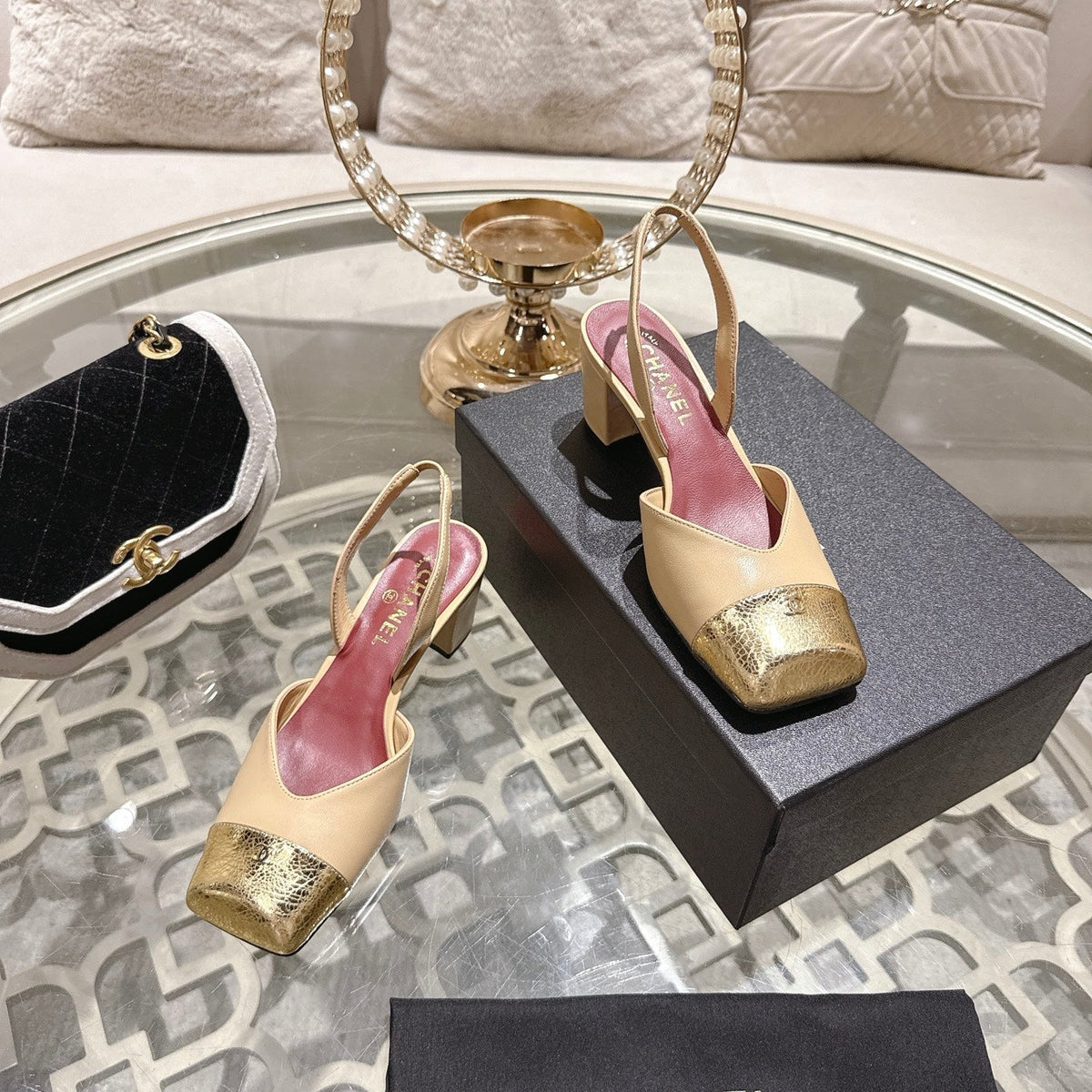 CC 26s Square-Toe High-Heeled Slingbacks 6cm Gold Beige Leather 736100
