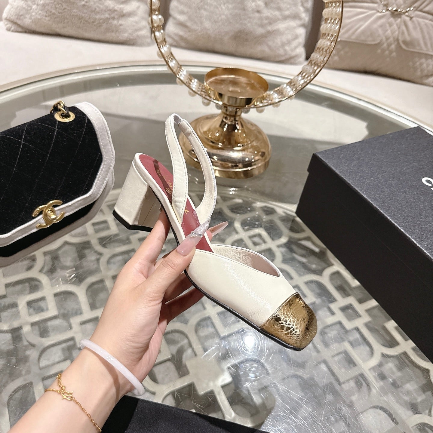 CC 26s Square-Toe High-Heeled Slingbacks 6cm Gold White Leather 736101