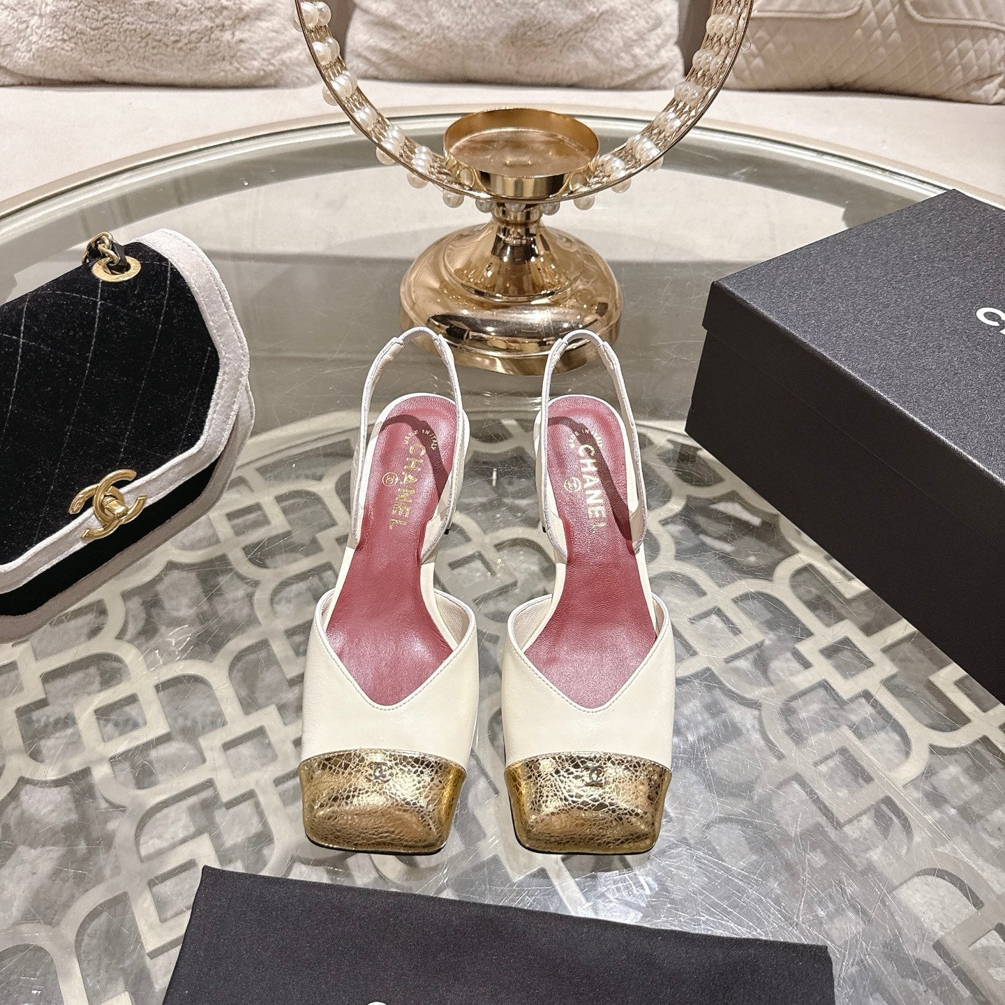CC 26s Square-Toe High-Heeled Slingbacks 6cm Gold White Leather 736101