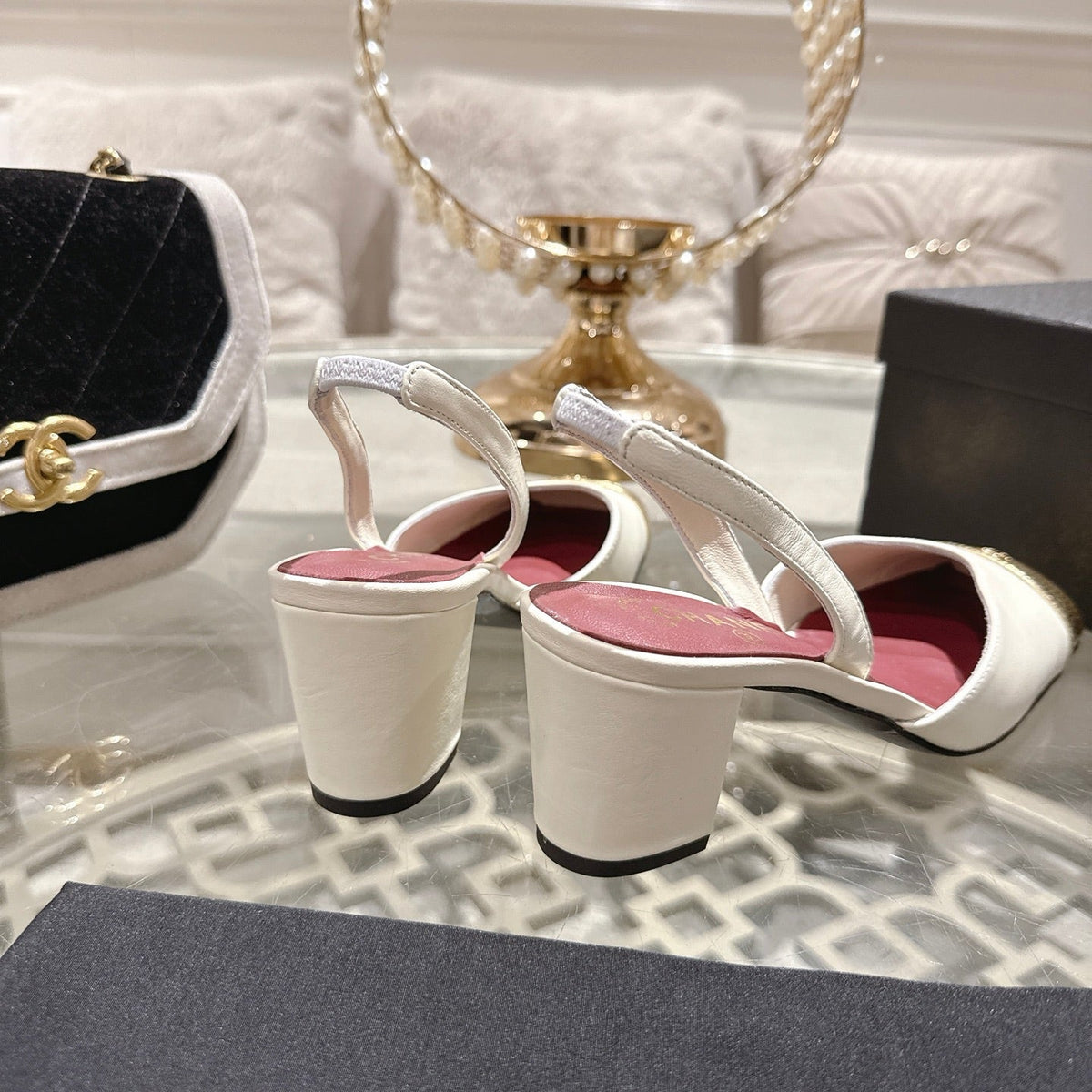 CC 26s Square-Toe High-Heeled Slingbacks 6cm Gold White Leather 736101