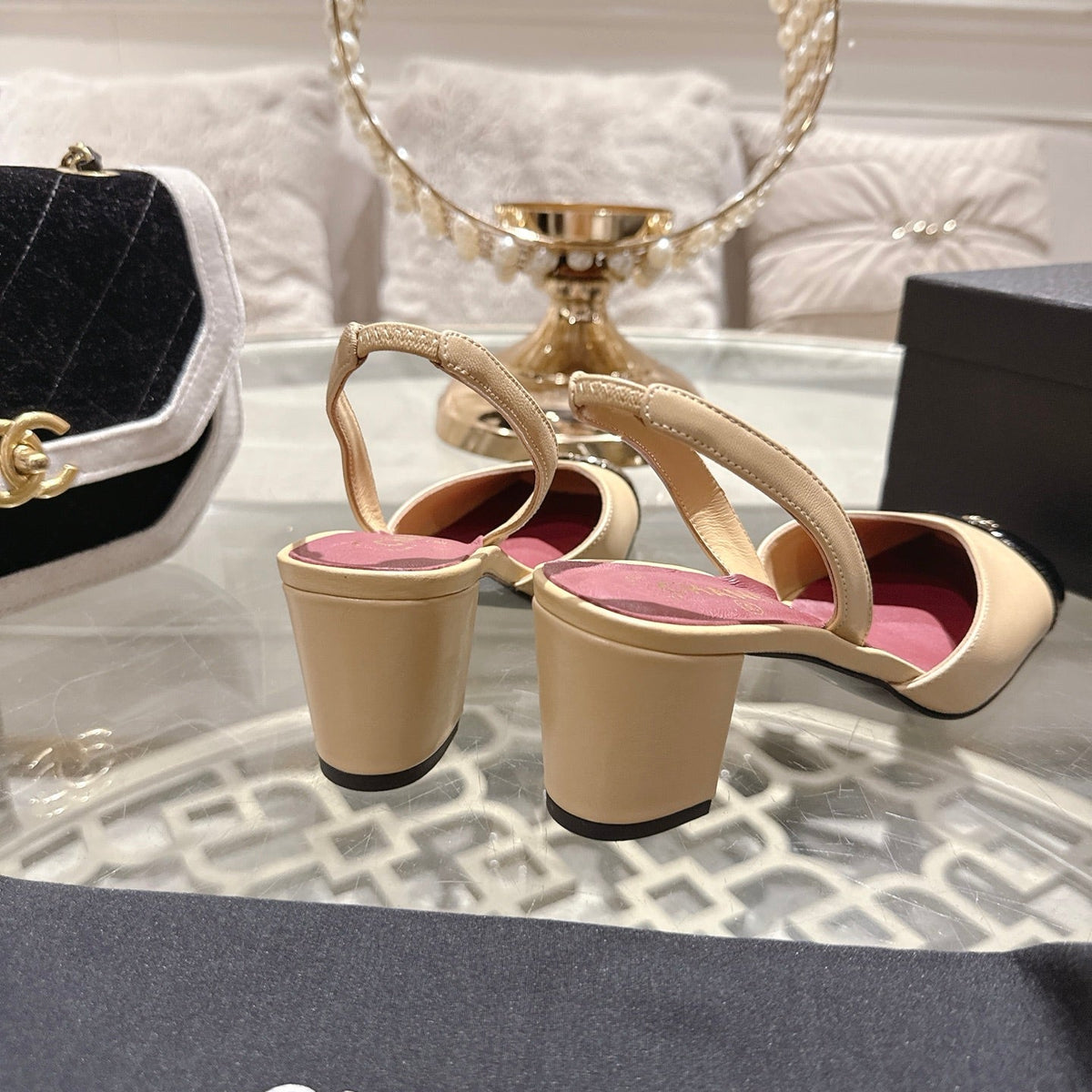 CC 26s Square-Toe High-Heeled Slingbacks 6cm Black Beige Leather 736102