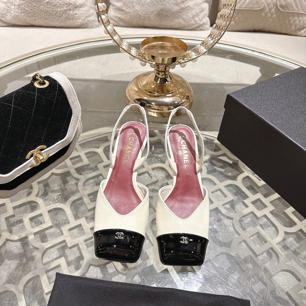 CC 26s Square-Toe High-Heeled Slingbacks 6cm Black White Leather 736104