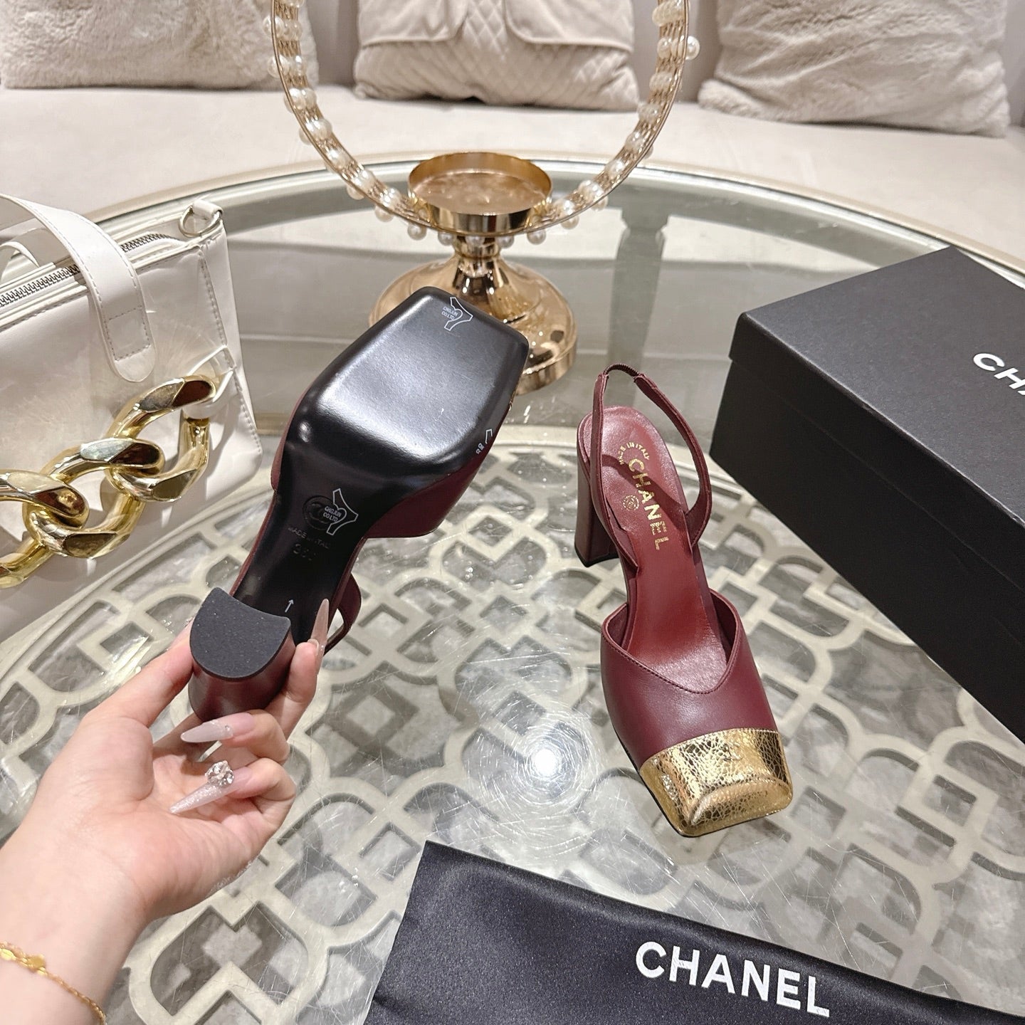 CC 26s Square-Toe High-Heeled Slingbacks 9cm Gold Burgundy Leather 736109