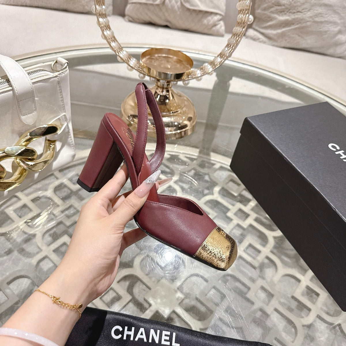 CC 26s Square-Toe High-Heeled Slingbacks 9cm Gold Burgundy Leather 736109
