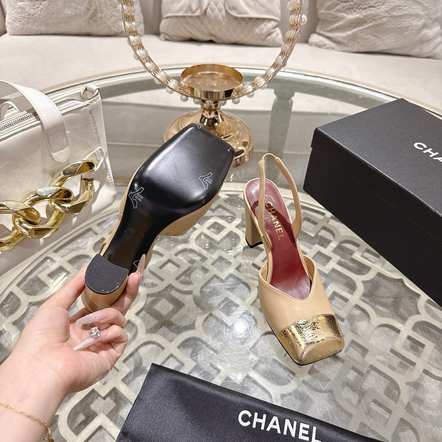 CC 26s Square-Toe High-Heeled Slingbacks 9cm Beige Gold Leather 736111