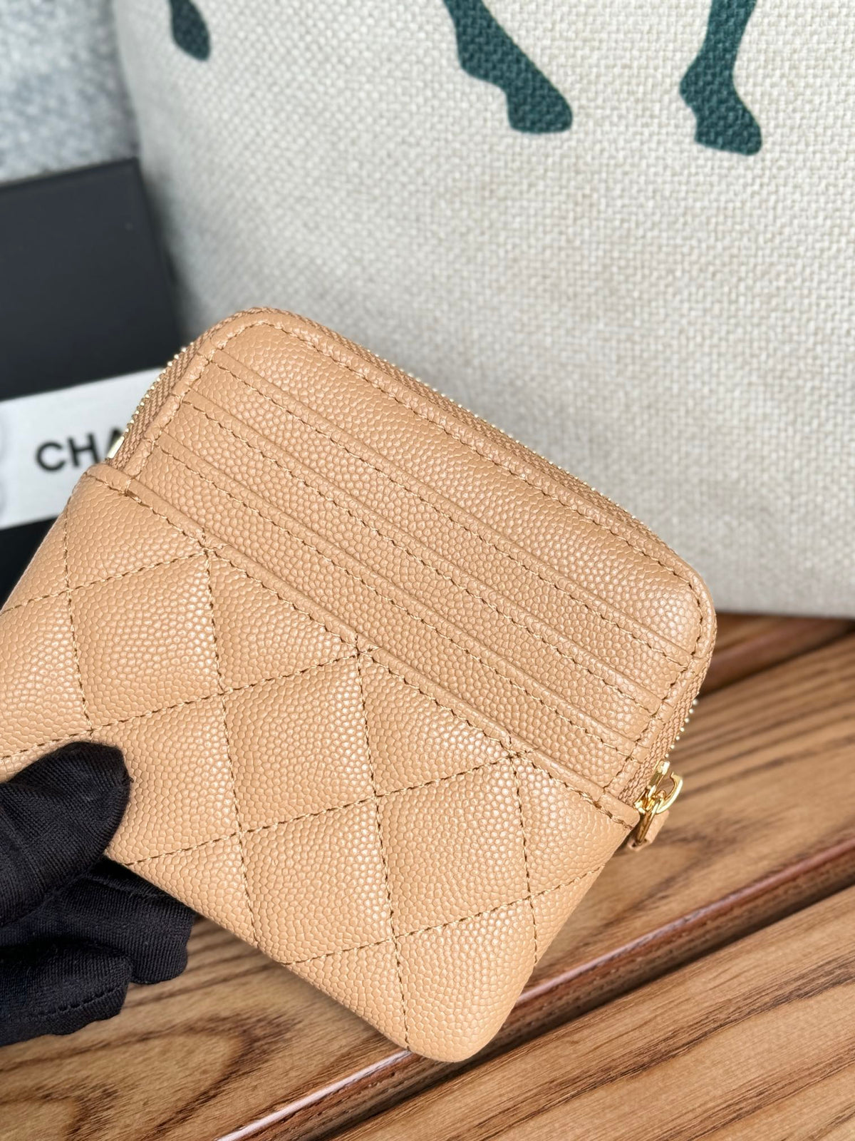 CC Zip Card Holder Wallet Beige Gold Metal Caviar 240603