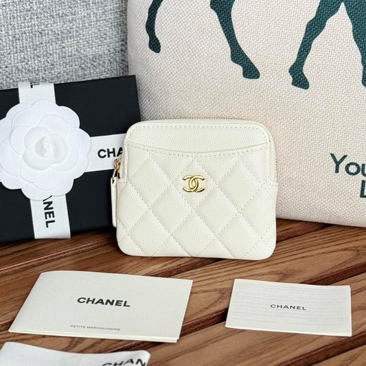 CC Zip Card Holder Wallet White Gold Metal Caviar 240607
