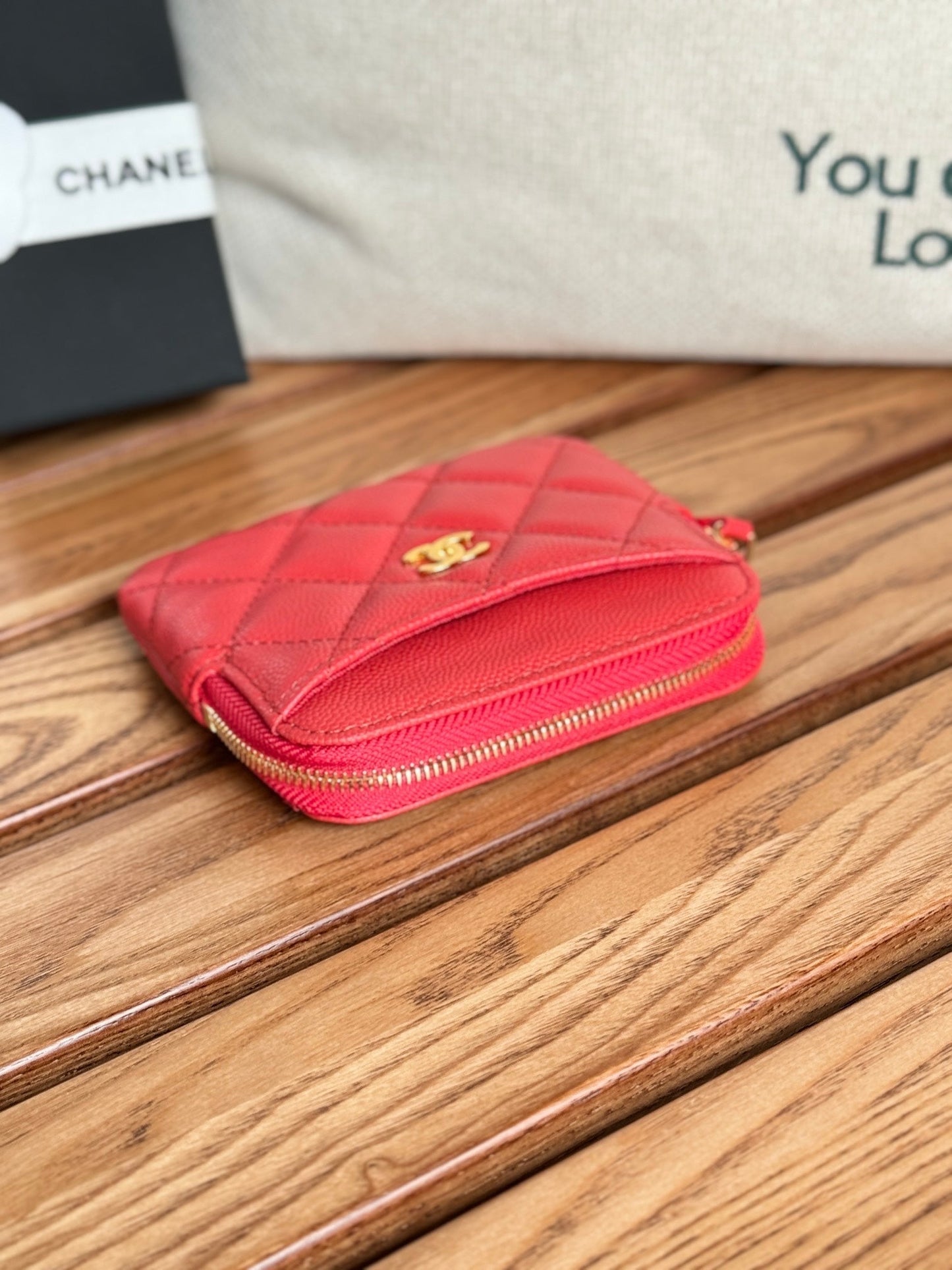 CC Zip Card Holder Wallet Red Gold Metal Caviar 240609