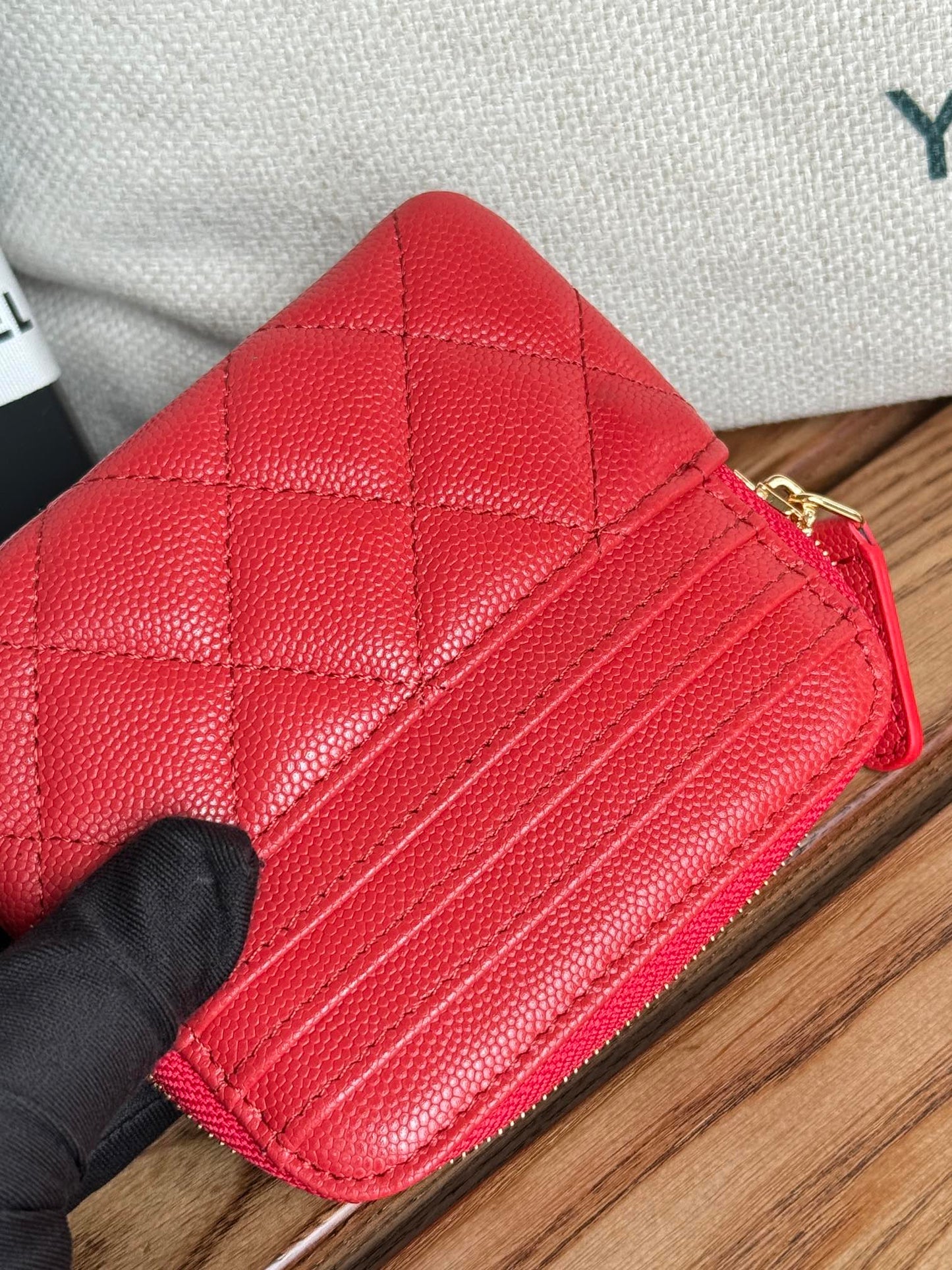 CC Zip Card Holder Wallet Red Gold Metal Caviar 240609