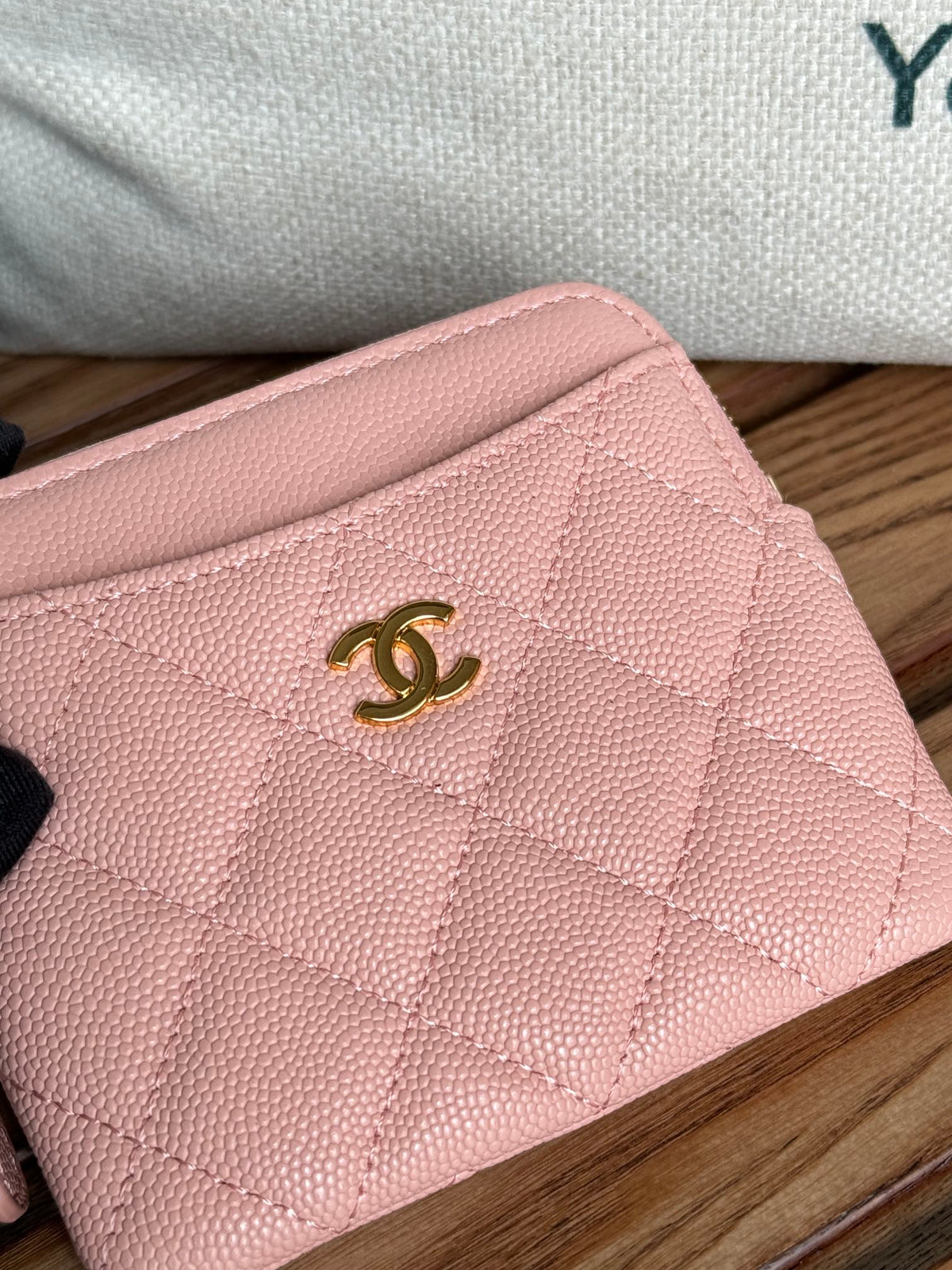 CC Zip Card Holder Wallet Light Pink Gold Metal Caviar 240615