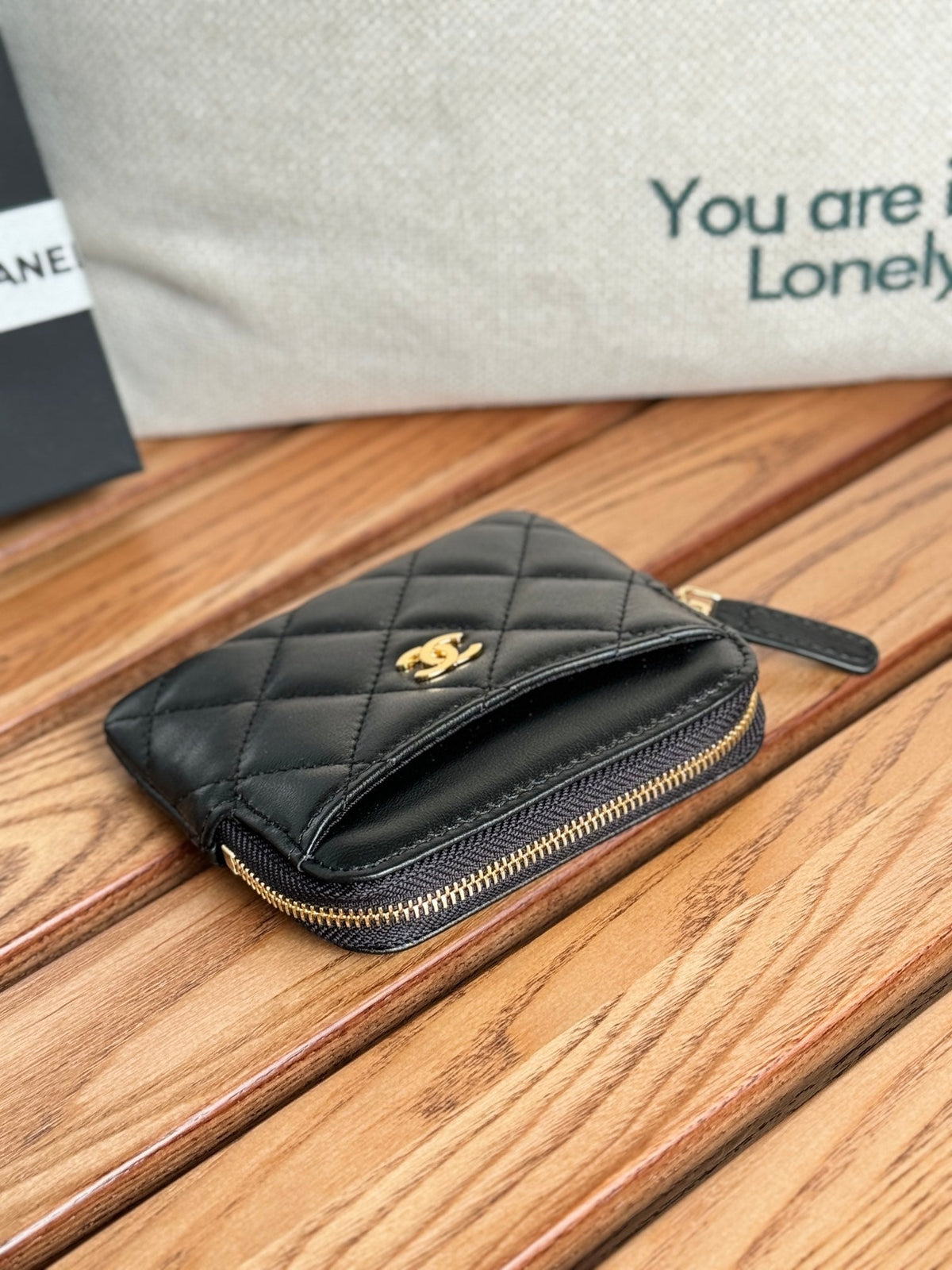 CC Zip Card Holder Wallet Black Gold Metal Lamskin 240617