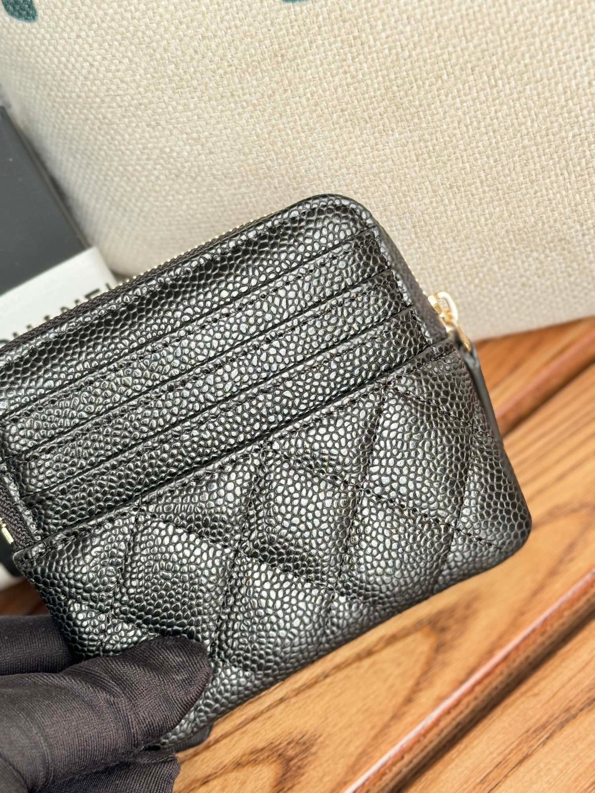 CC Zip Card Holder Wallet Black Gold Metal Caviar 240620