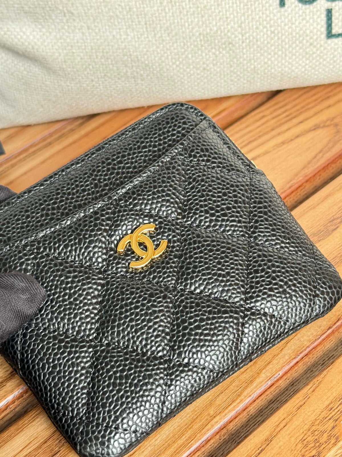 CC Zip Card Holder Wallet Black Gold Metal Caviar 240620