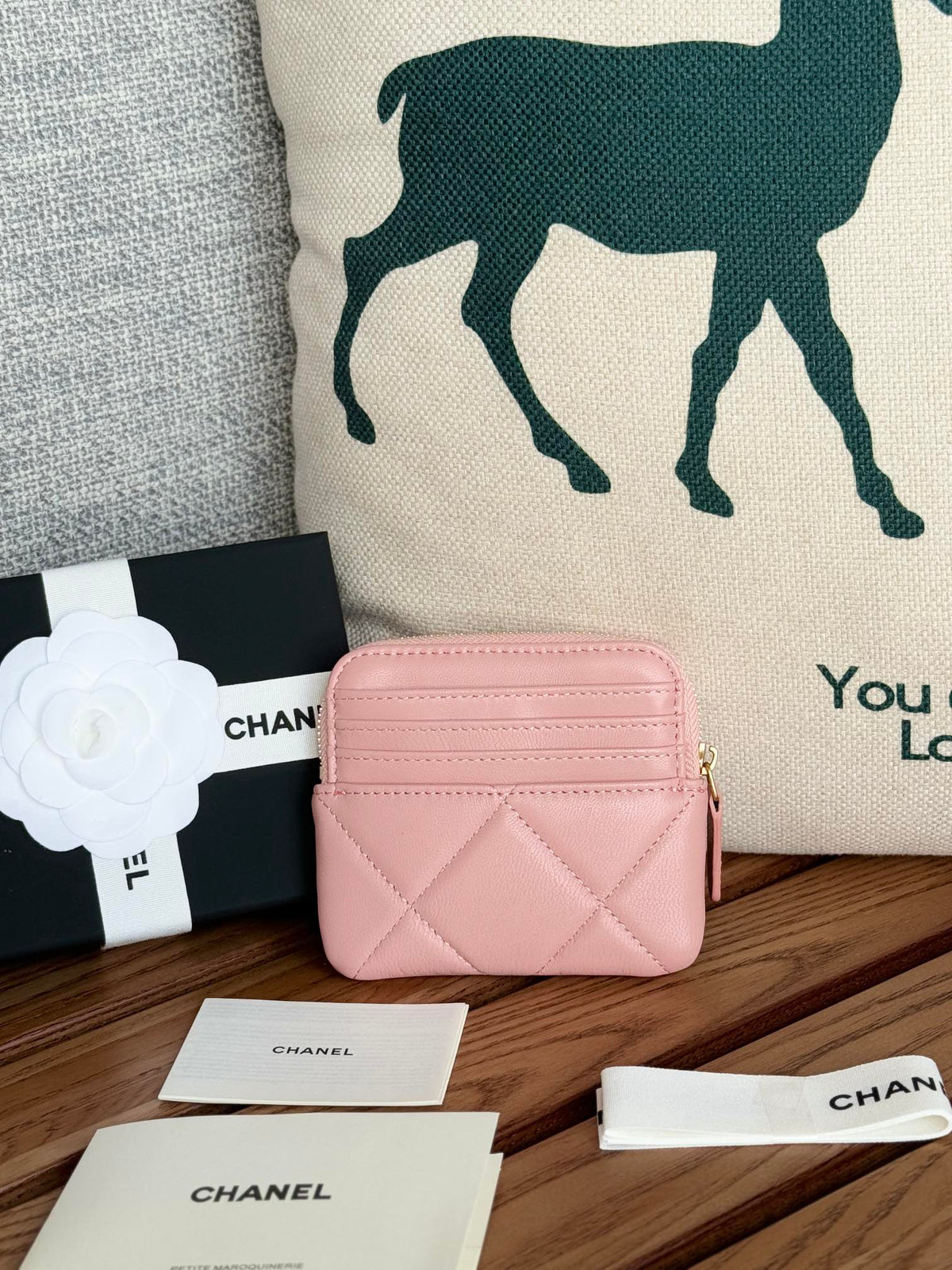 cc 19 zipped coin purse 11cm pink lambskin gold hardware