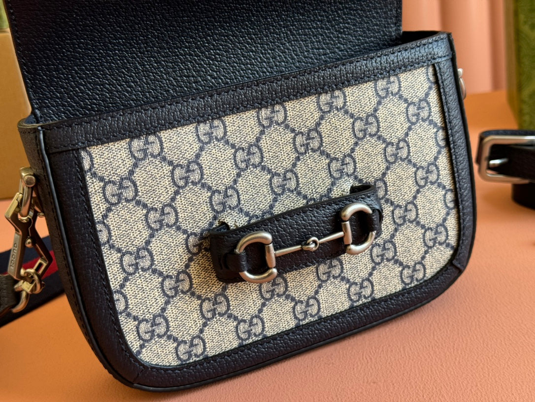 Gucci Horsebit Bag Ebony Blue Black Leather Canvas 244258
