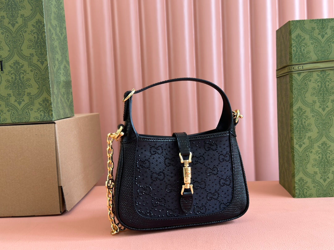 Gucci Jacket Bag Black Lizard Rhinestones 248590