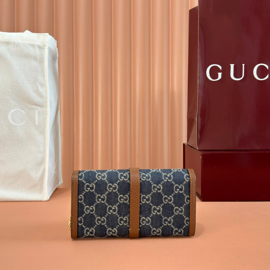 GG Jackie 1961 Chain Wallet Brown Blue Denim Cowhide