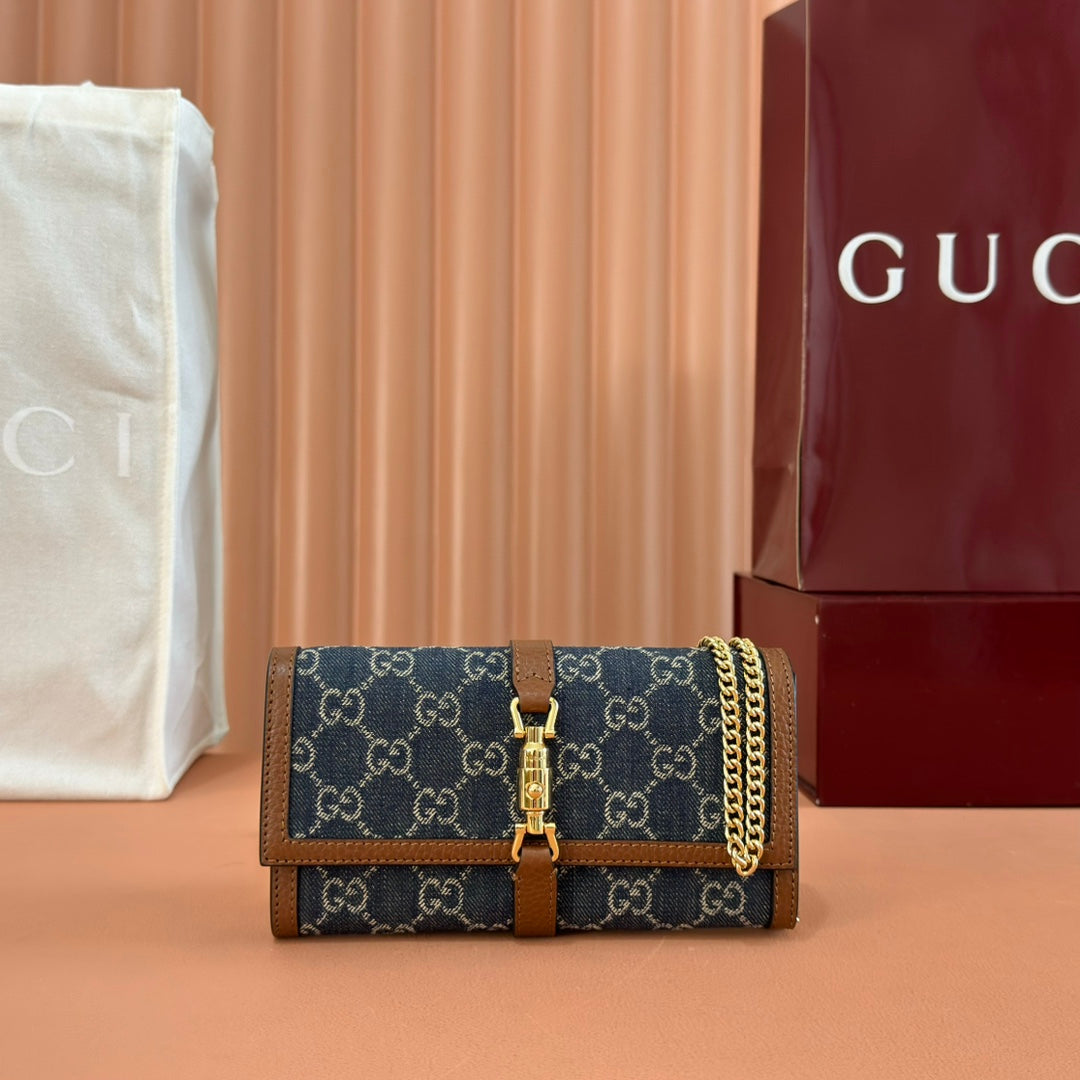 GG Jackie 1961 Chain Wallet Brown Blue Denim Cowhide