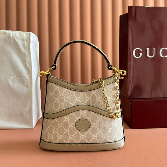 Gucci Large Interlocking G Shoulder Bag 25cm Khaki Beige GG Supreme Canvas Leather 273678