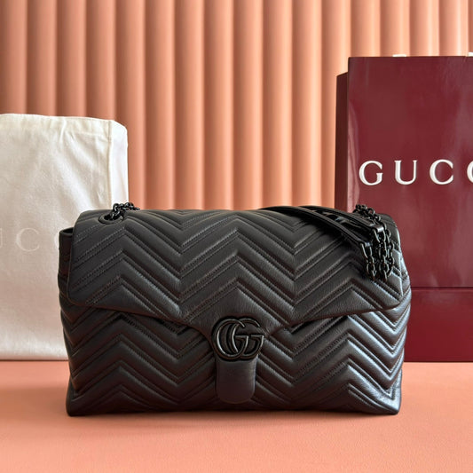 Gucci GG Marmont Large Shoulder Bag Black Matelassé Chevron Leather 273193