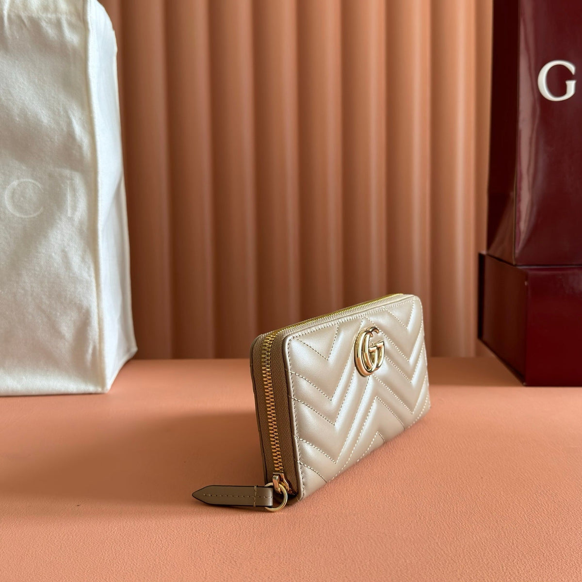 GG Zip-Around Wallet Taupe Matelassé Leather