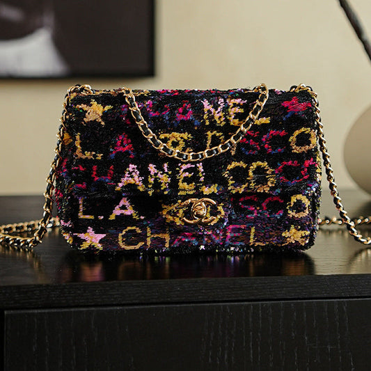 CC 2025 Flap Bag 21cm Black Mix Colors Sequin 308603