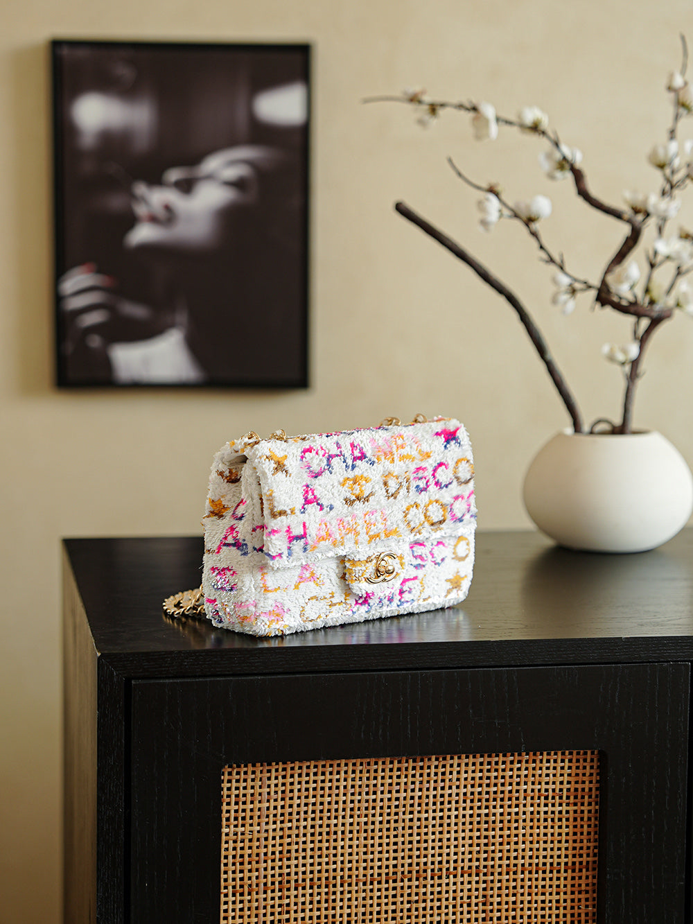 CC 2025 Flap Bag 21cm White Mix Colors Sequin 308604
