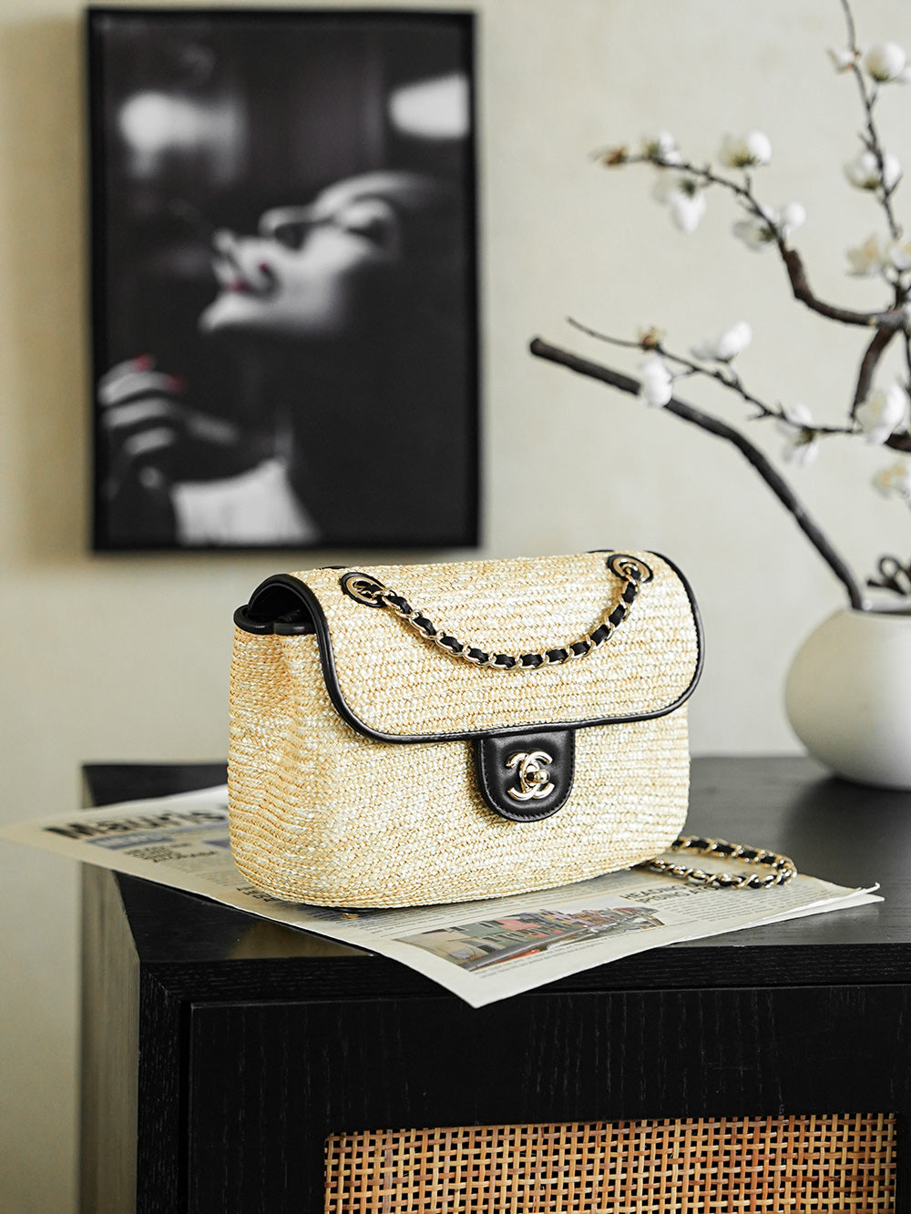 CC 25/26 Smal Flap Bag 23cm Beige Black Straw Lambskin