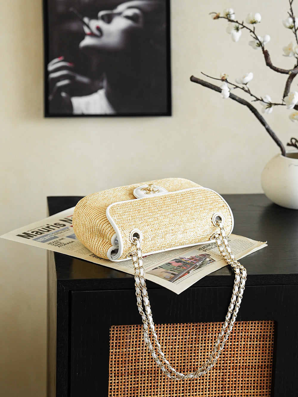 CC 25/26 Smal Flap Bag 23cm Beige White Straw Lambskin