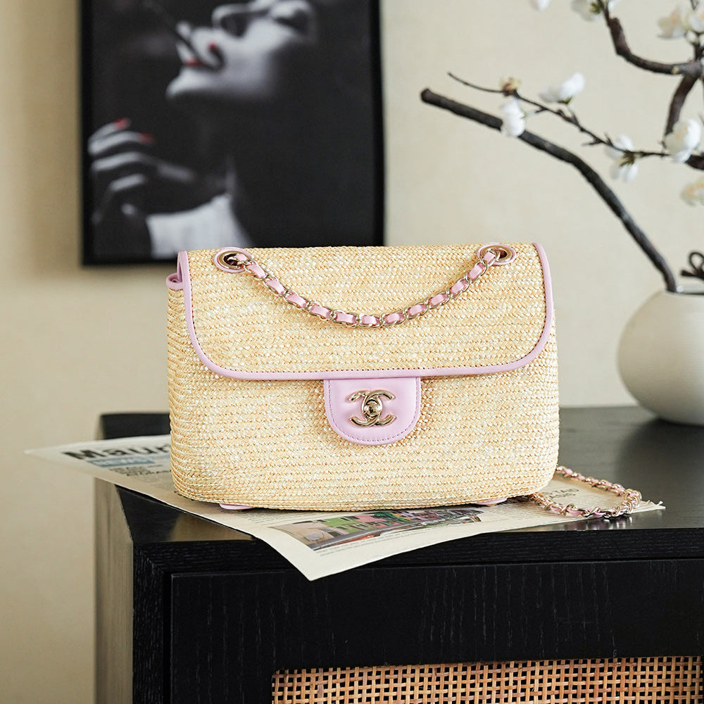CC 25/26 Smal Flap Bag 23cm Beige Light Pink Straw Lambskin