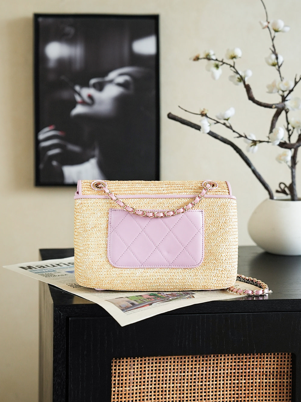 CC 25/26 Smal Flap Bag 23cm Beige Light Pink Straw Lambskin